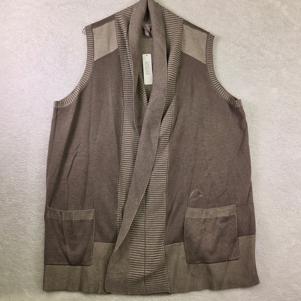 Chicos Brown Striped Shawl Collar Open Front Sweater Vest Size 3 Large XL